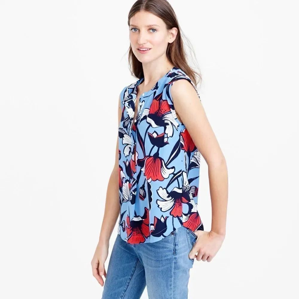 J. Crew Size 2 Blue Sleeveless Silk Popover Shirt in Deco Floral Blouse Top
